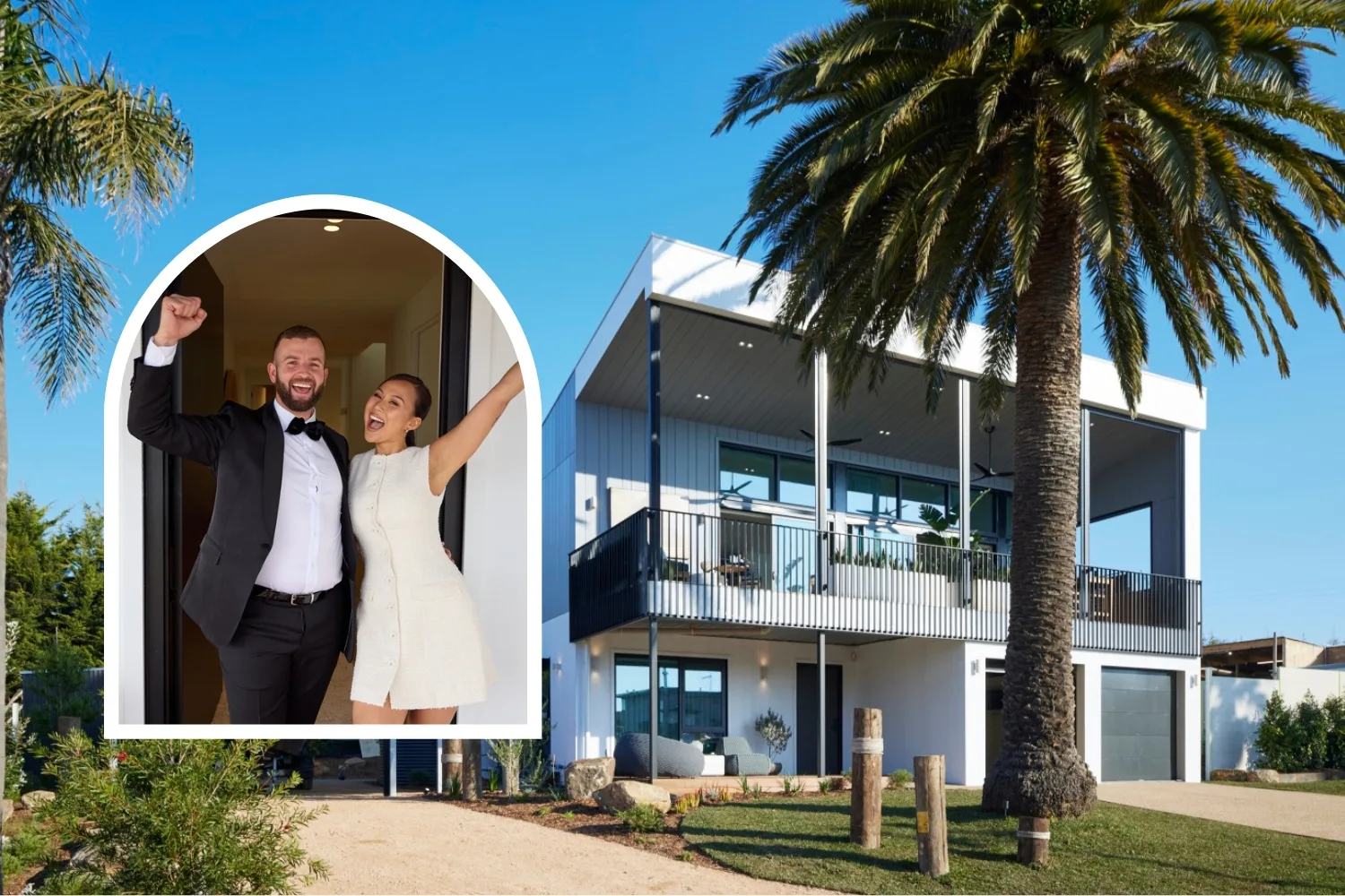 Mimi and Kristian at The Block 2024 auction and with their house facade