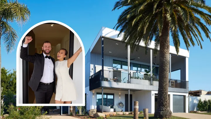 Mimi and Kristian at The Block 2024 auction and with their house facade