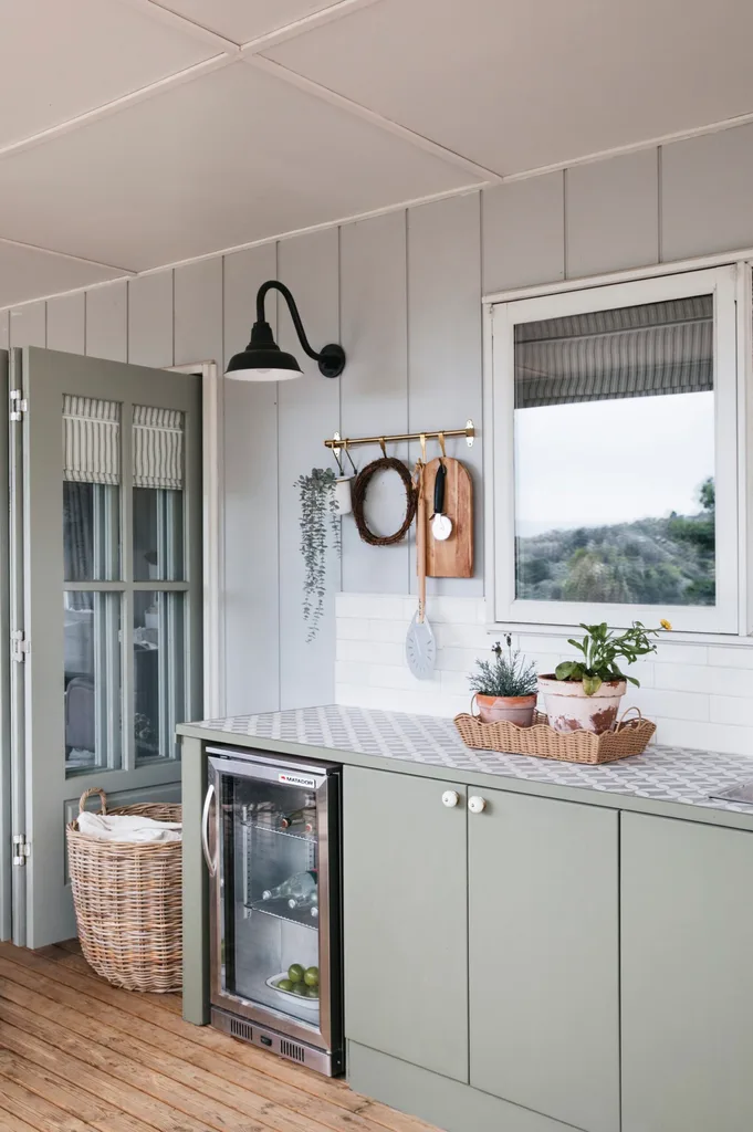 Outdoor kitchen ideas provincial farmhouse Kaboodle kitchen cabinetry with wine fridge