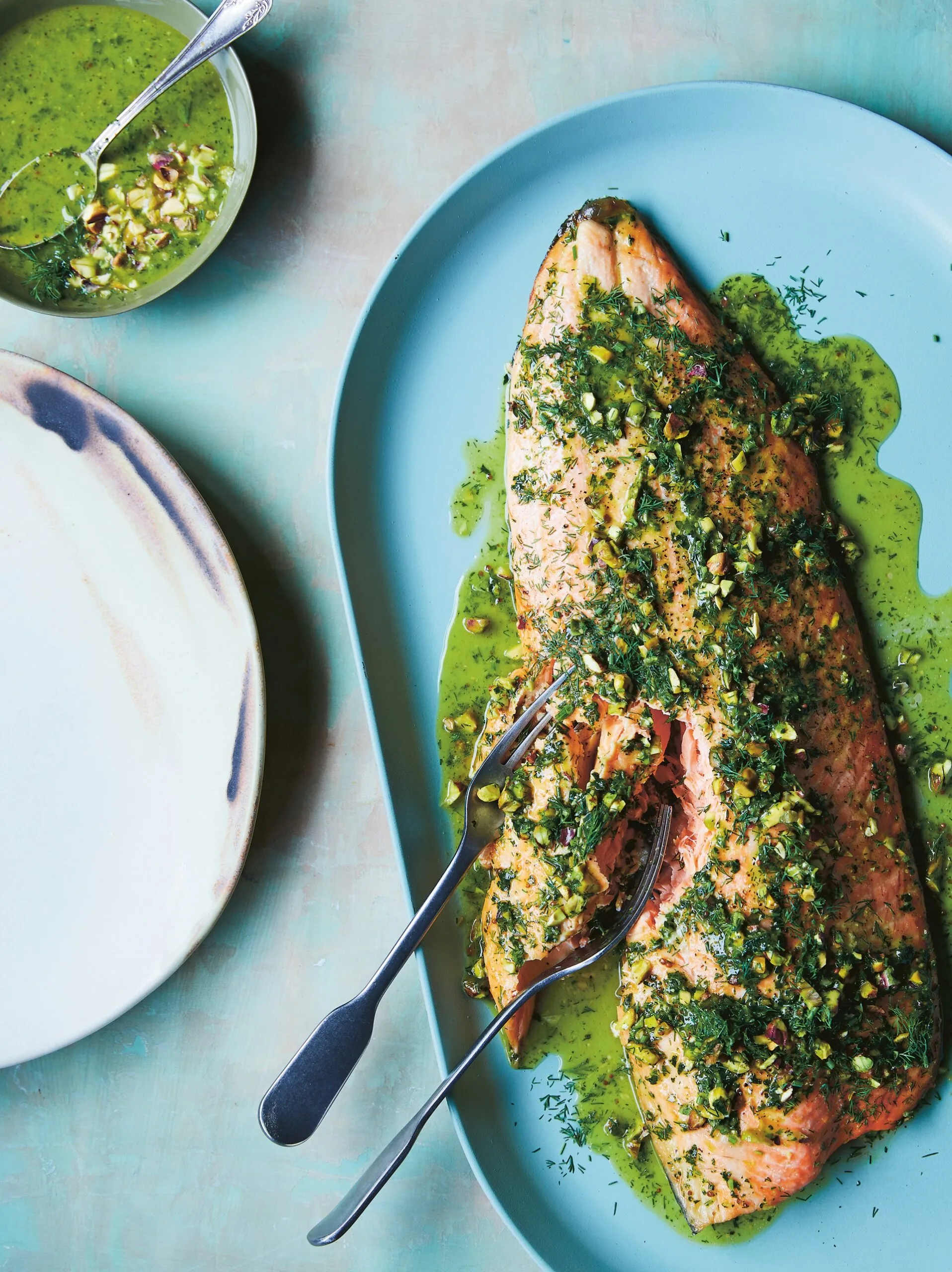 quick baked salmon with orange, dill and pistachio