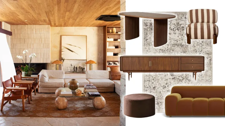 Split image; on the left, a warm contemporary home, and on the right, a selection of our top picks from the best Black Friday furniture sales in Australia 2025