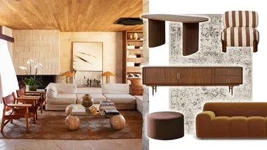 Split image; on the left, a warm contemporary home, and on the right, a selection of our top picks from the best Black Friday furniture sales in Australia 2025