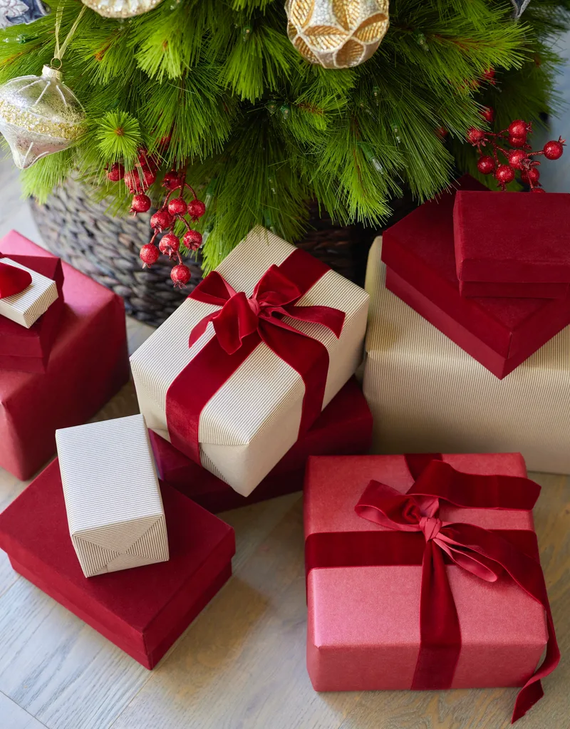 Red and white wrapped Christmas presents.