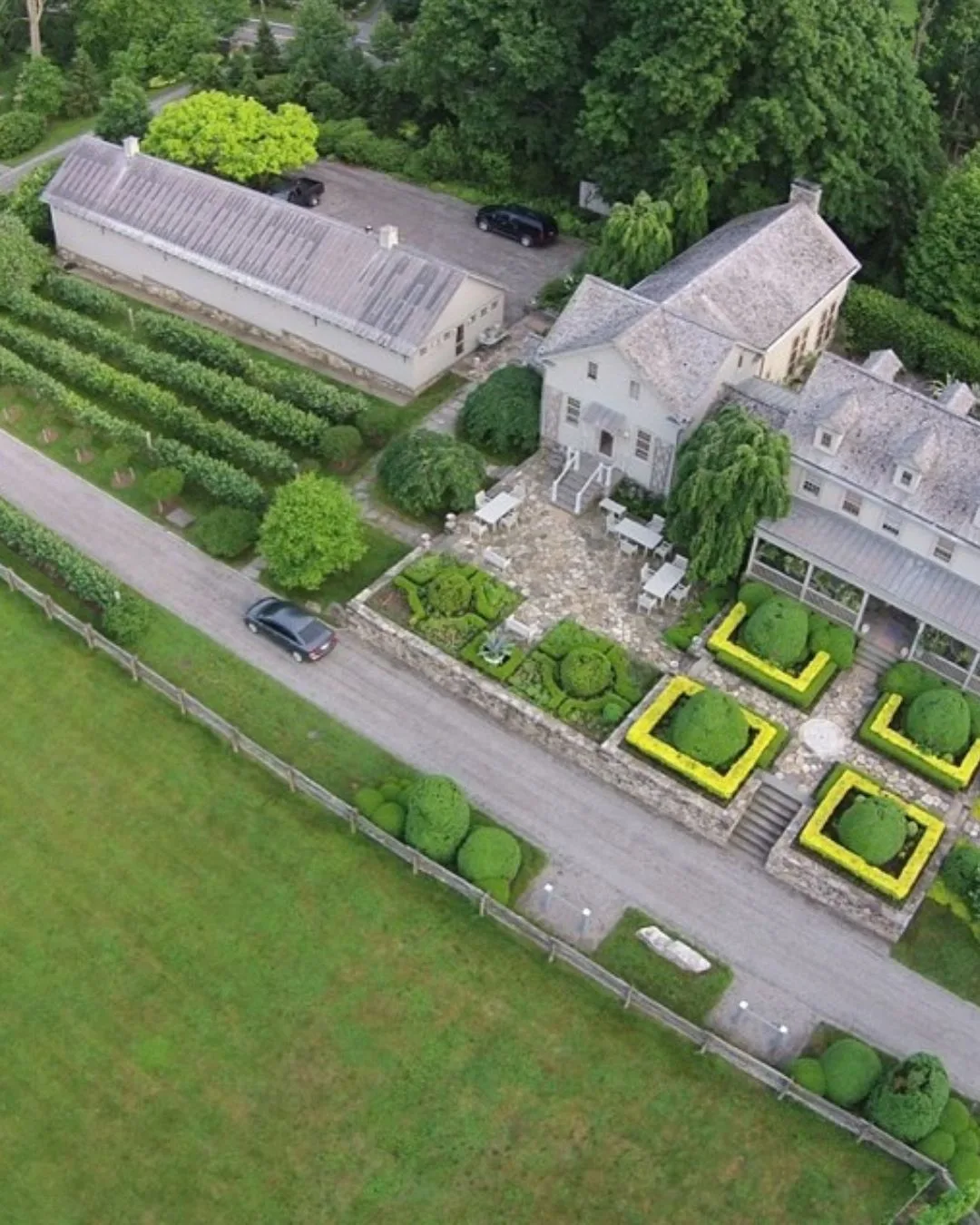 The aerial view of Martha Stewat's Bedford Farmhouse.  