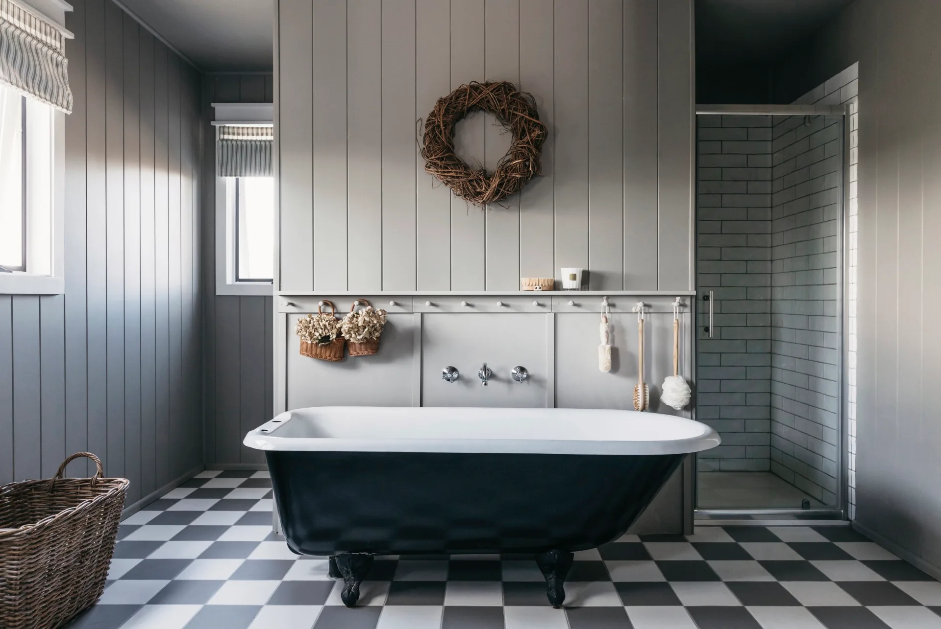 The bathroom inside a modern farmhouse. 