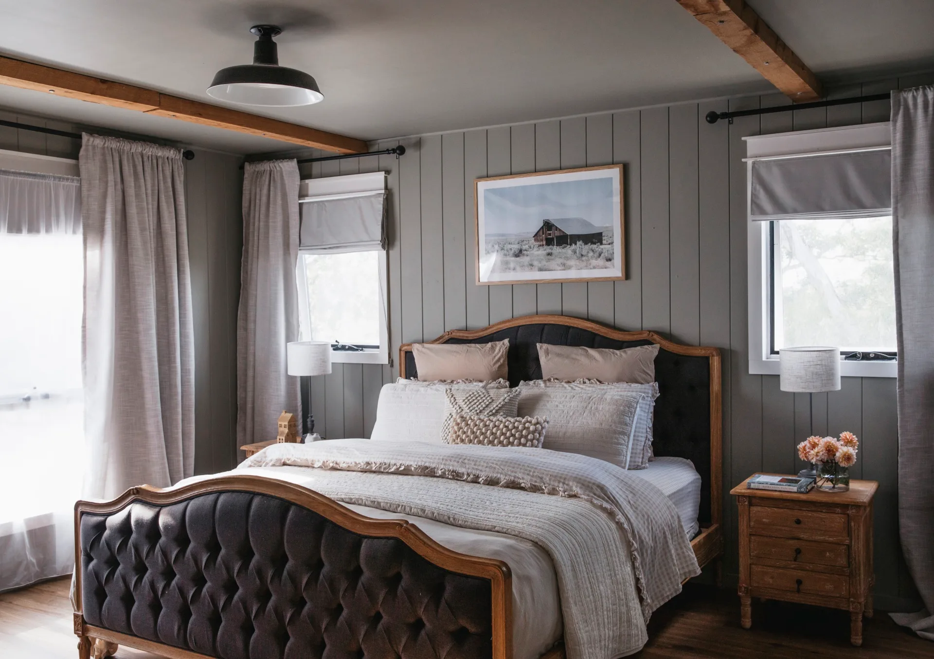 The bedroom inside a modern farmhouse. 