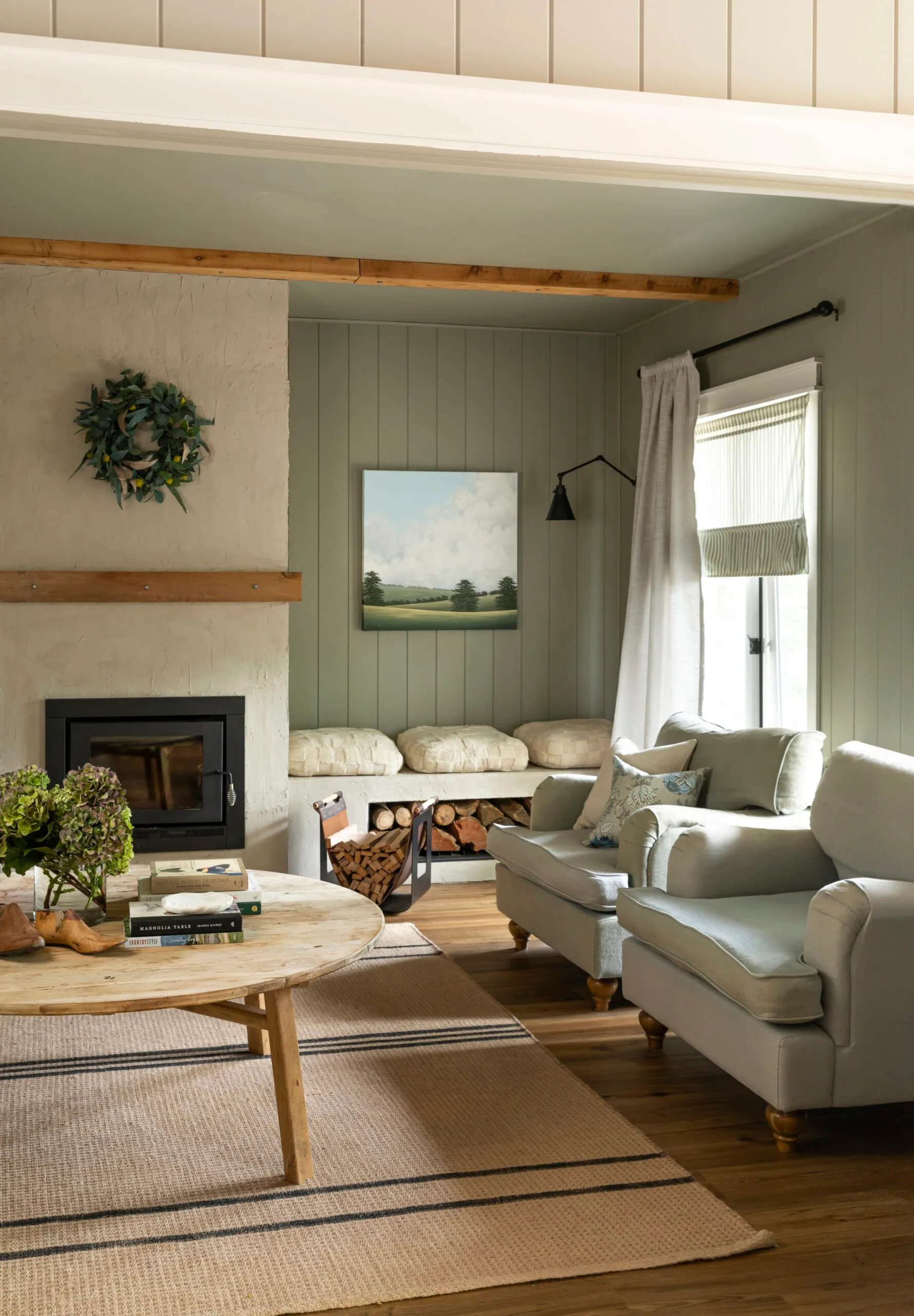 A modern farmhouse living room. 