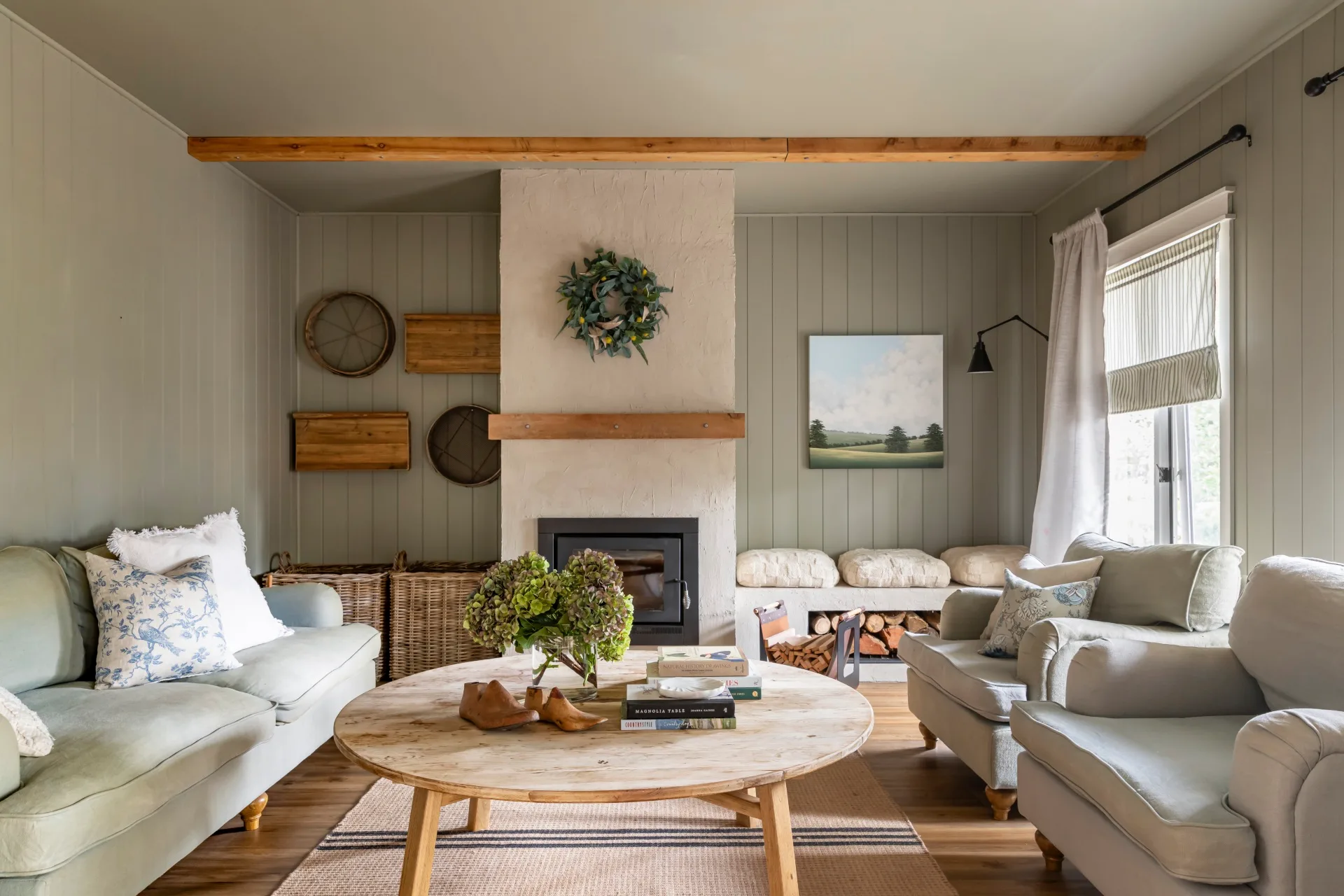 A modern farmhouse living room.