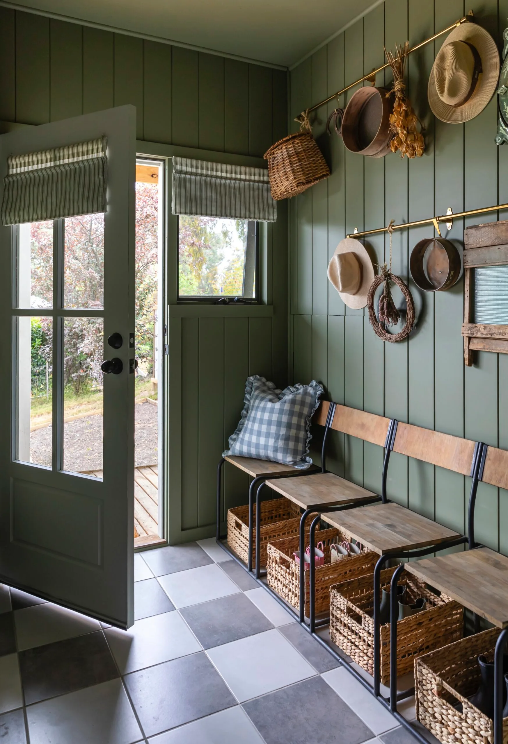 The entryway of a modern farmhouse. 