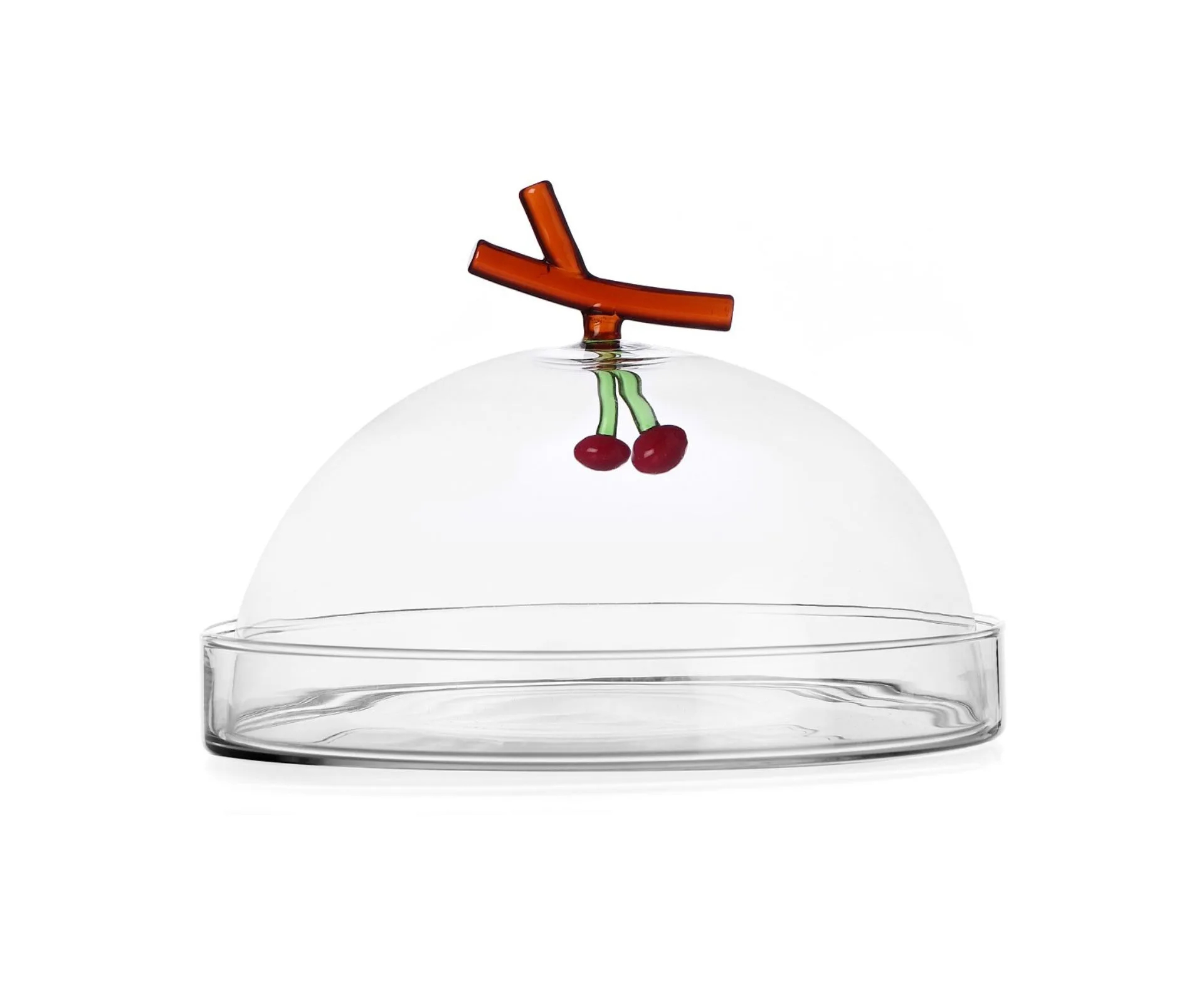 A glass dome with glass cherries on top