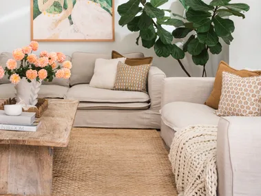 A living room in Mediterranean coastal style with a large plant, a tactile woven rug and cream coloured sofas. A green painting is on the white wall.