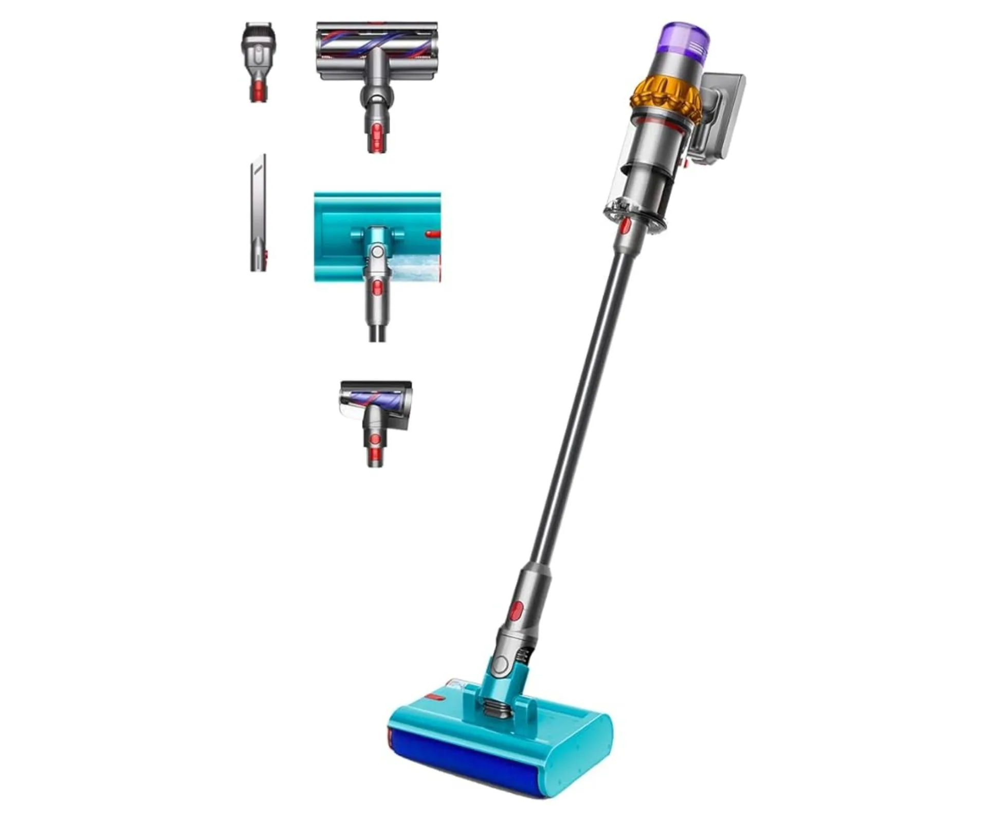 The Dyson V15s Detect Submarine Absolute Wet and Dry Vacuum Cleaner and attachments.