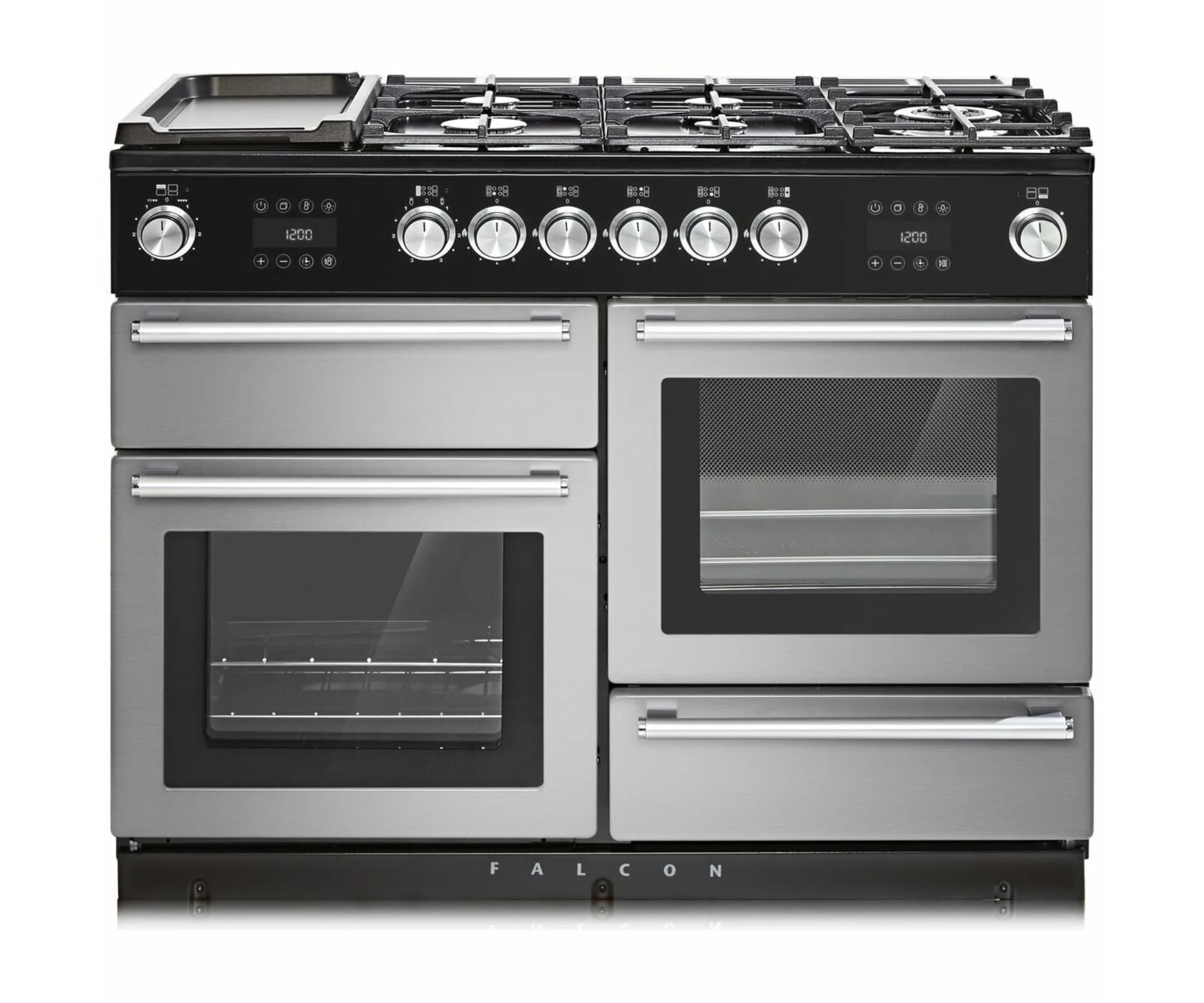 A silver and black freestanding oven