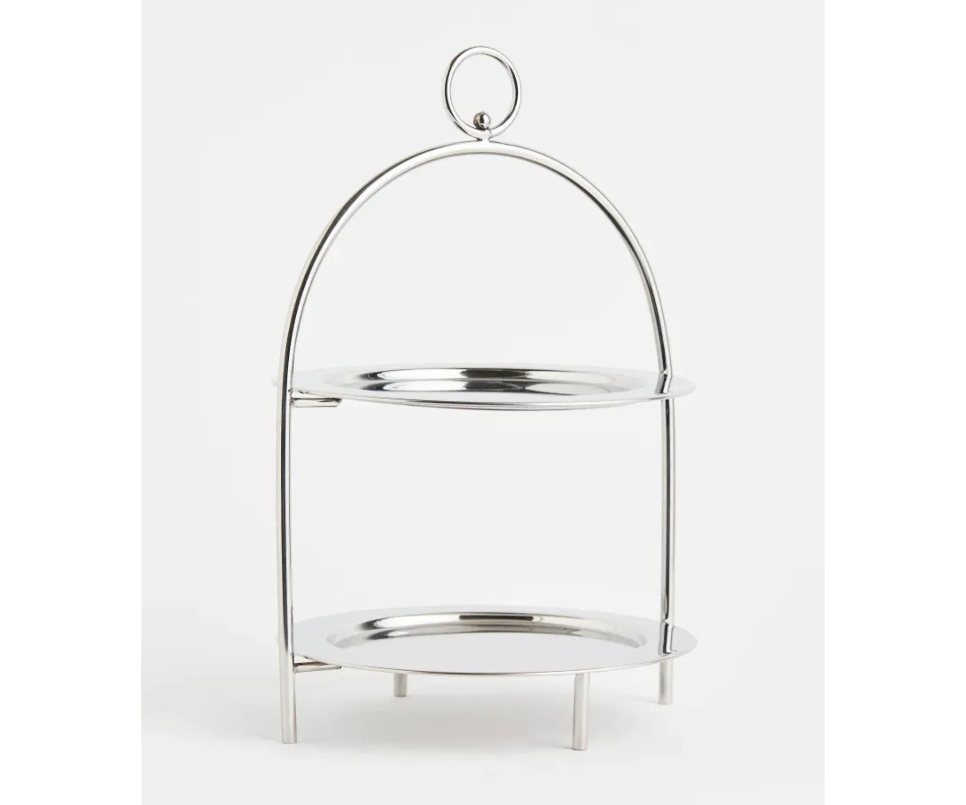 A metal cake stand with two tiers