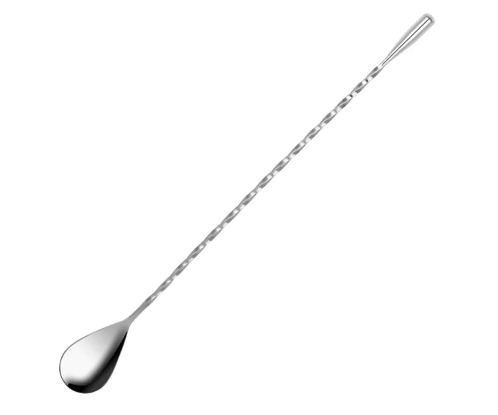 A silver cocktail mixing spoon