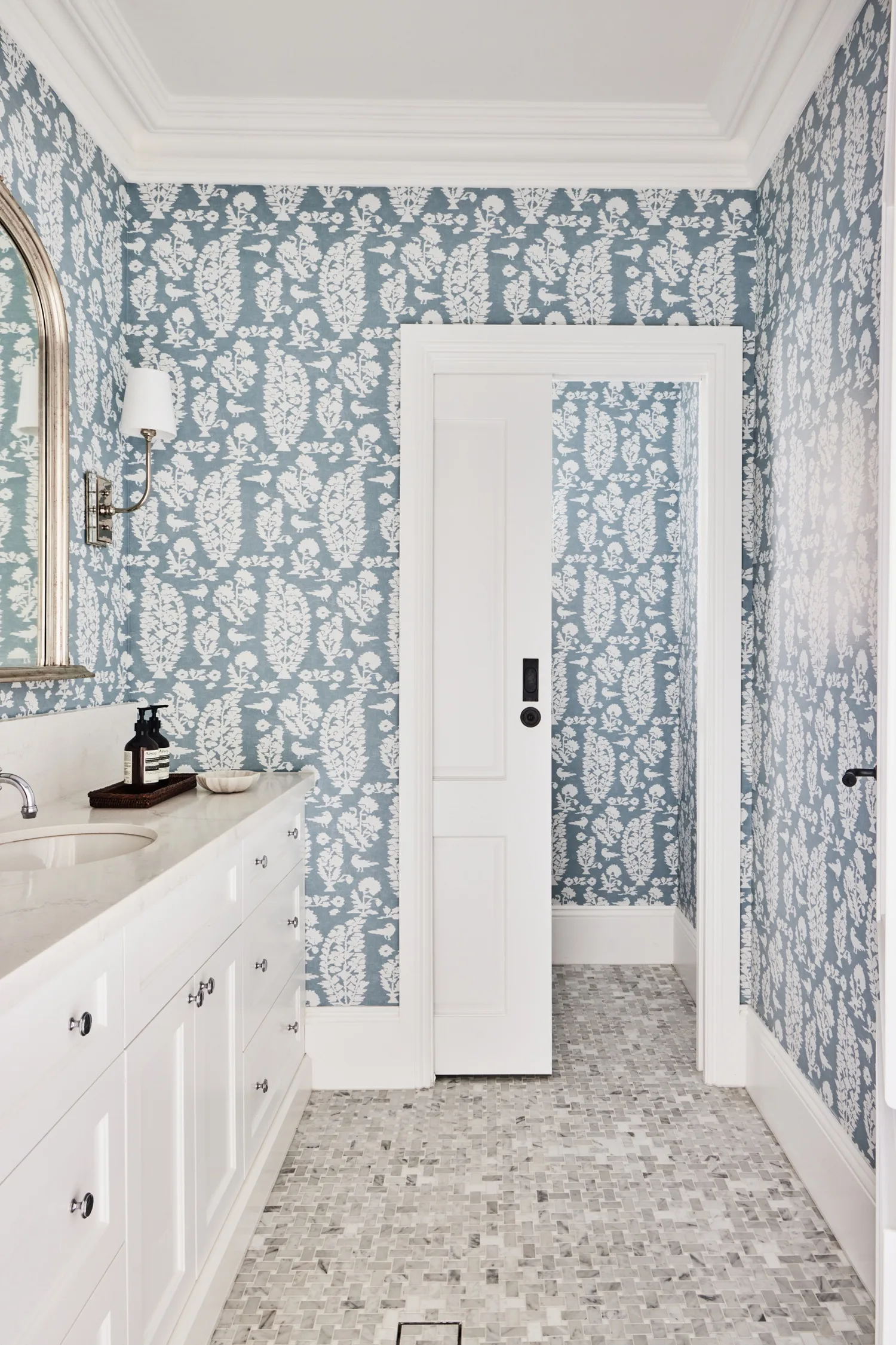 Bathroom flooring tiles grey mosaics with wallpaper 