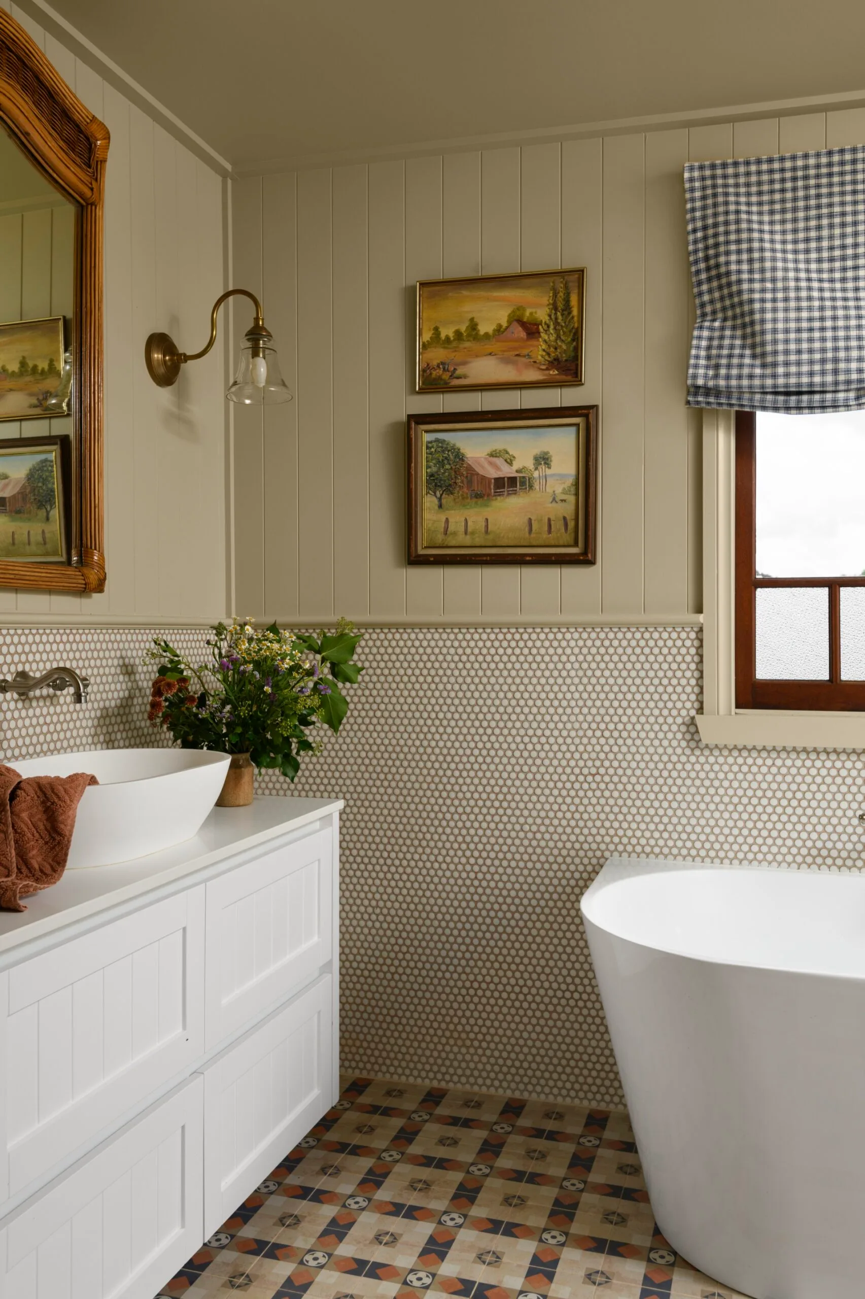 The bathroom inside a century old cottage. 