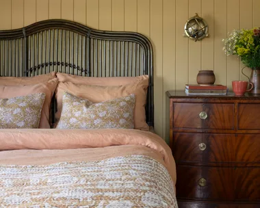 The bedroom inside a century old country cottage.