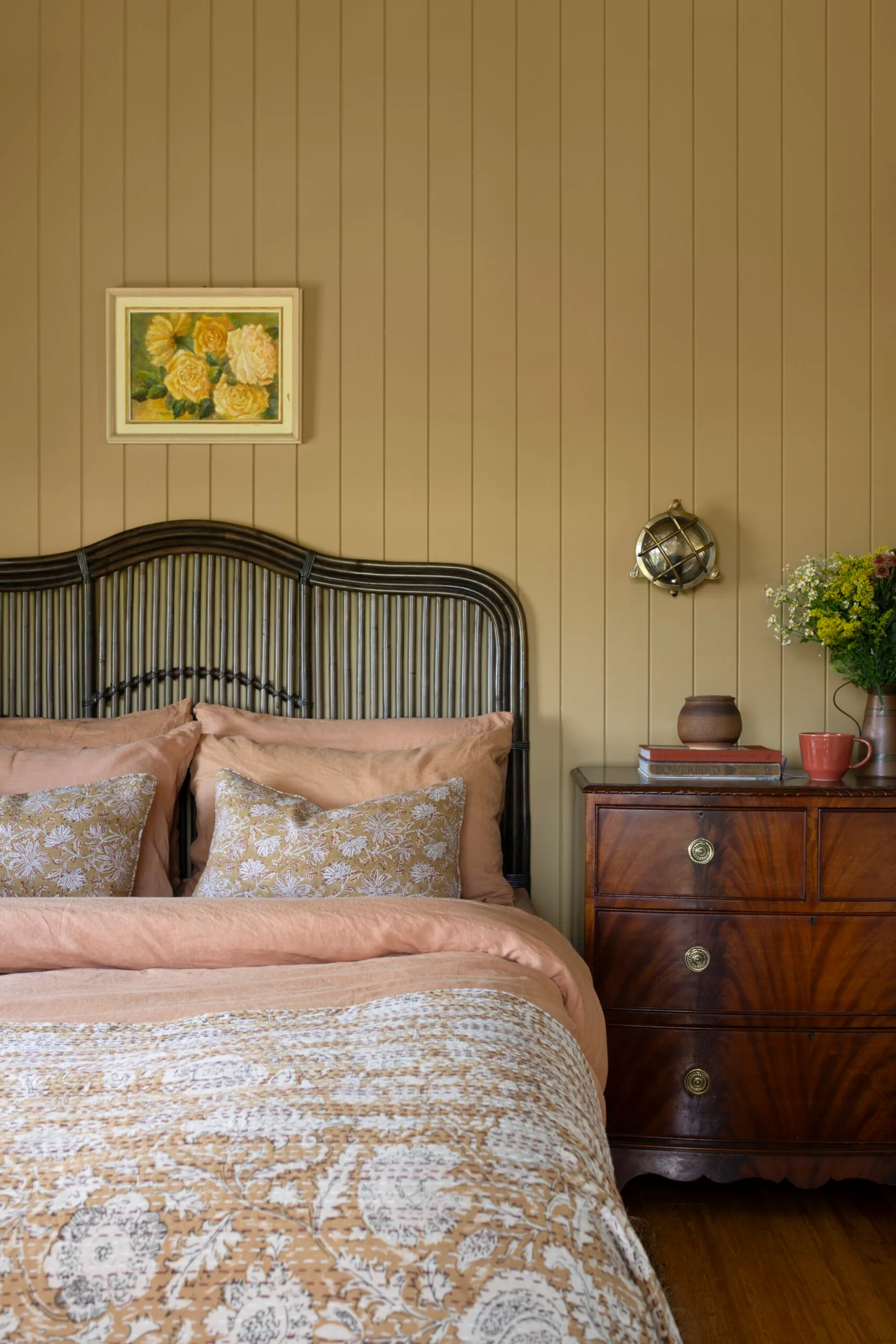 The bedroom inside a century old country cottage. 