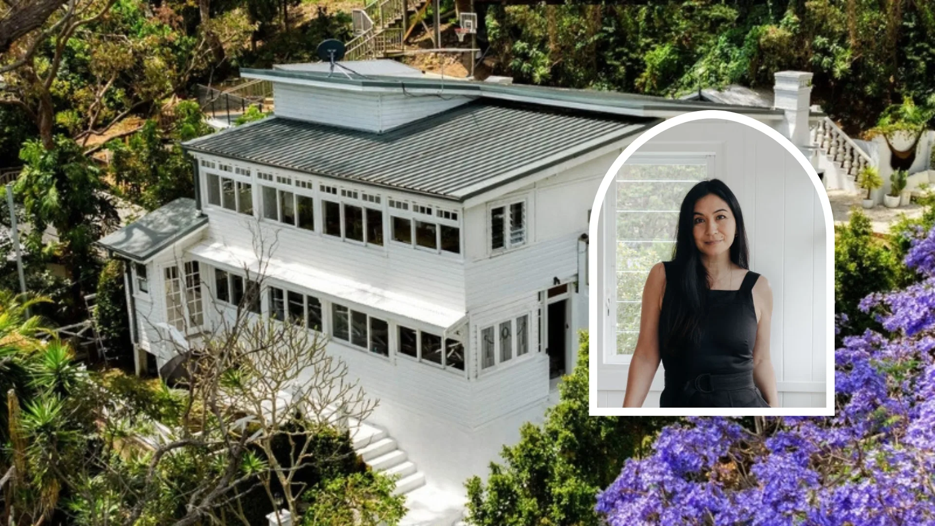 Magazine editor Justine Cullen Palm Beach home for sale exterior with Justine inset