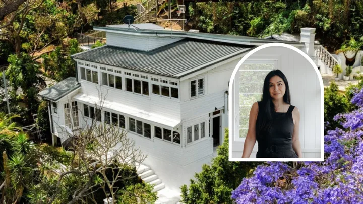 Magazine editor Justine Cullen Palm Beach home for sale exterior with Justine inset