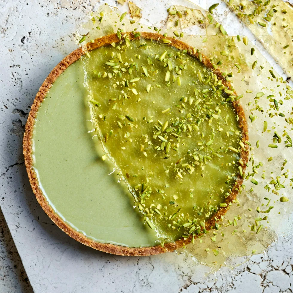 Matcha and coconut panna cotta tart