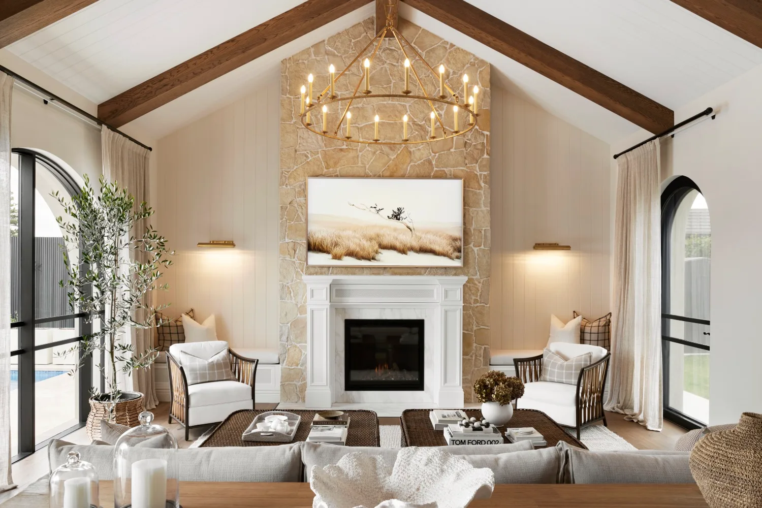 Alisa and Lysandra Brighton bungalow fireplace chandelier stone wall