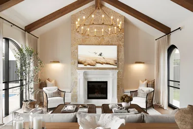 Alisa and Lysandra Brighton bungalow fireplace chandelier stone wall