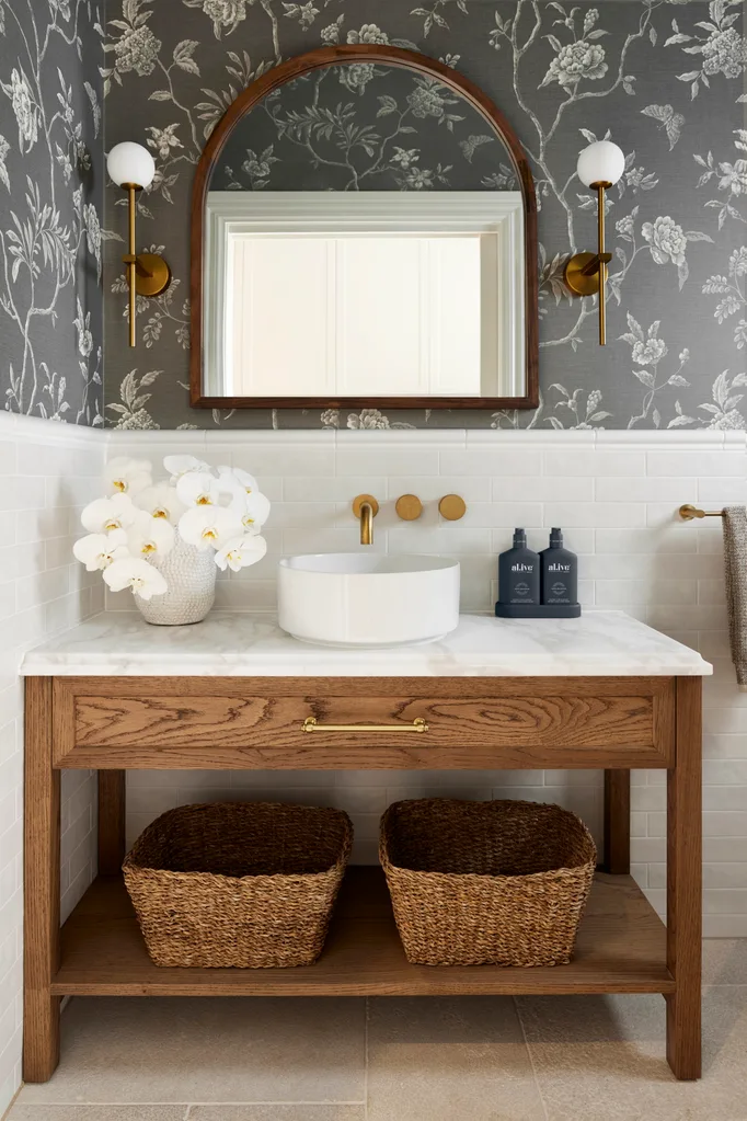 Alisa and Lysandra powder room vanity wallpaper timber