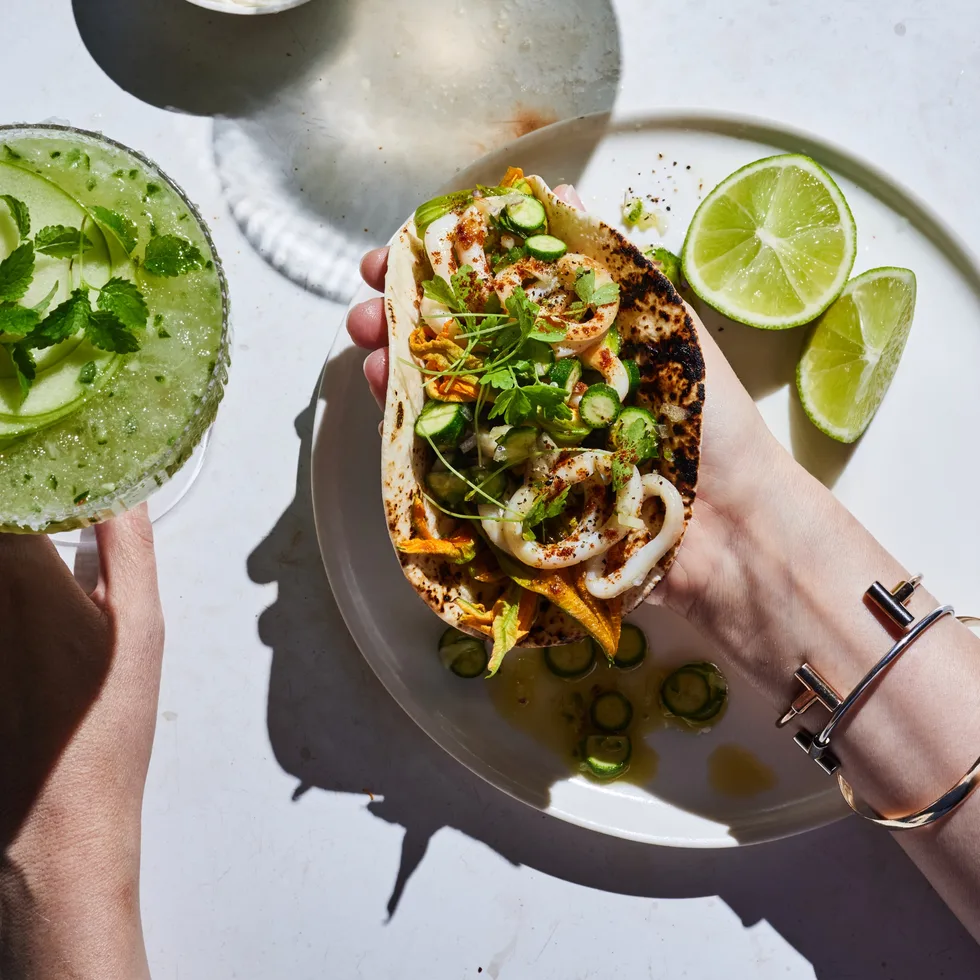 Calamari tortillas with zucchini pico de gallo