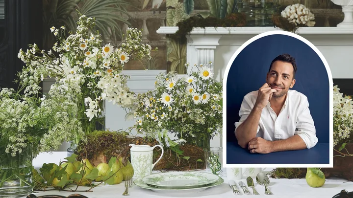 Table setting with flowers and Steve Cordony headshot