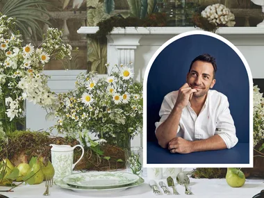 Table setting with flowers and Steve Cordony headshot
