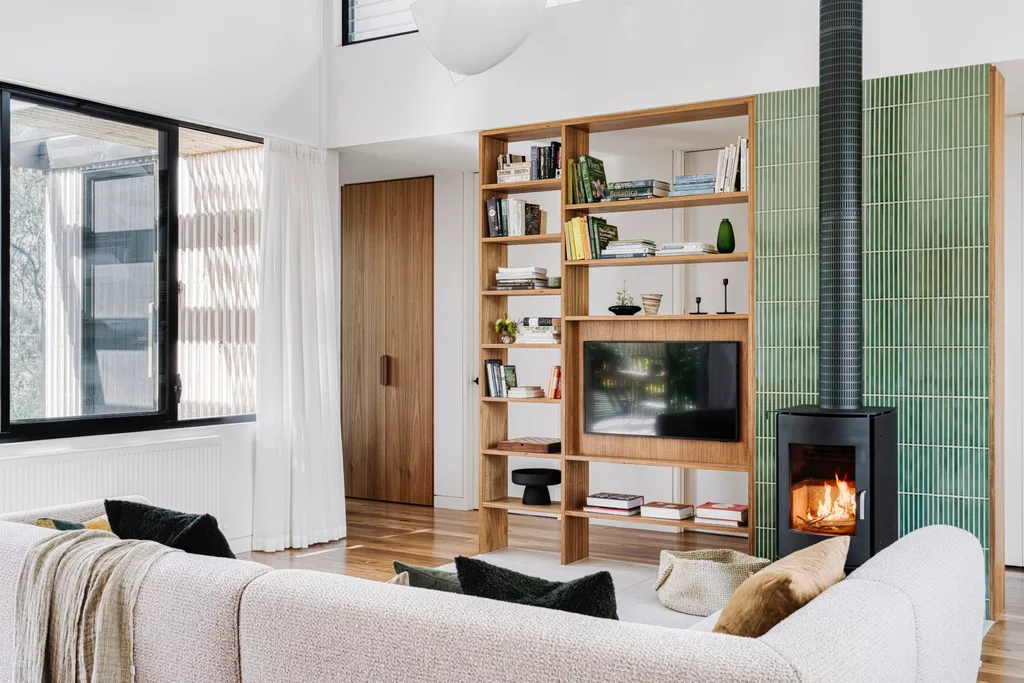 Sustainable Melbourne living room with fireplace.
