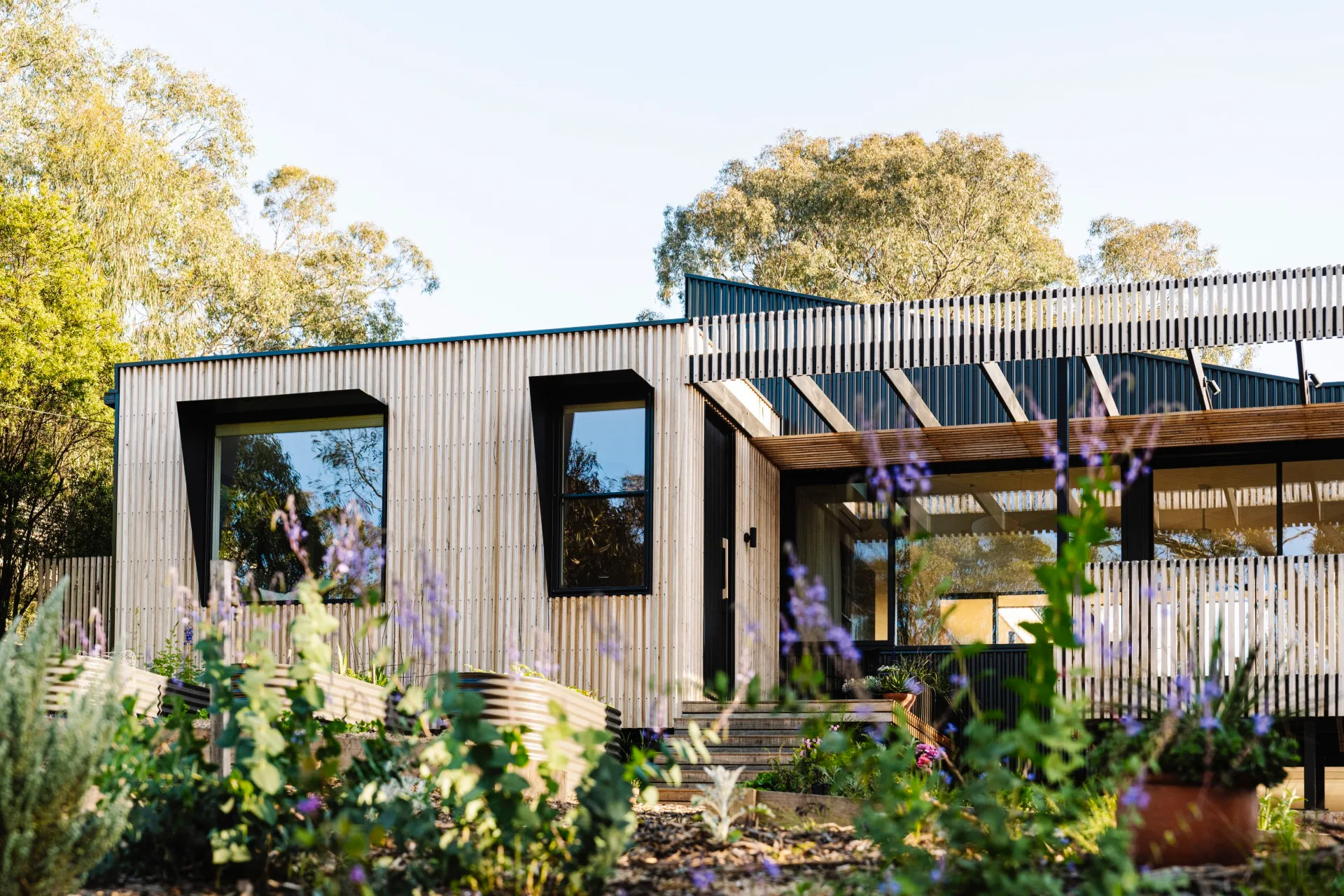 The façade of a sustainable Melbourne tree top home.