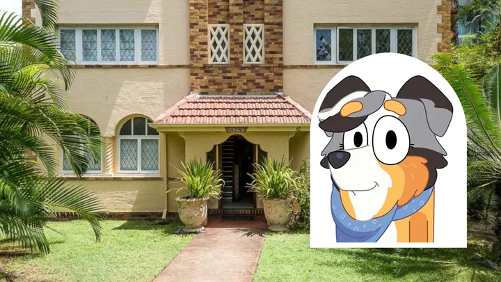 Bluey character Calypso voice actor Meg Washington selling home - pic of exterior with animated dog