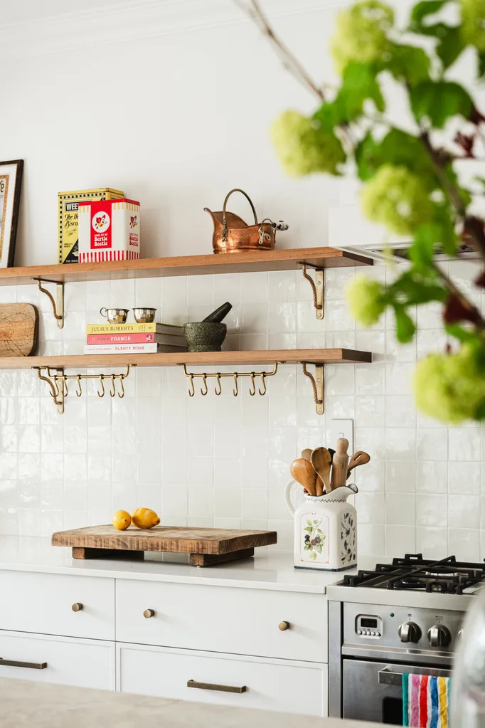 Exposed timber open shelves in kitchen