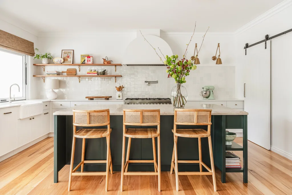 Kitchen with three stools
