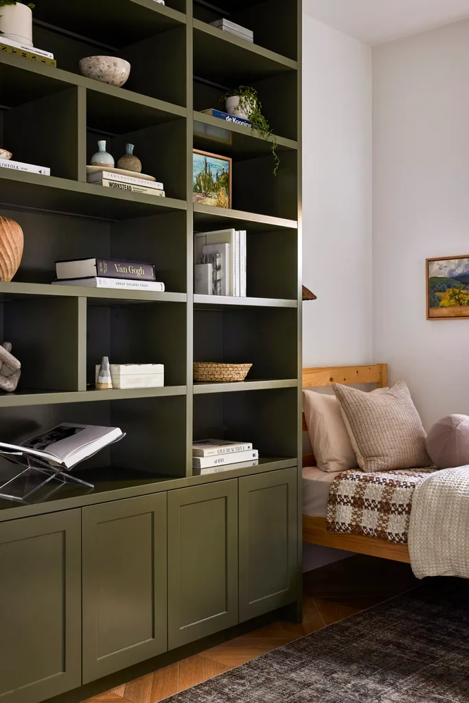 Californian bungalow renovation guest and kids bedroom with green cabinetry and bookshelf