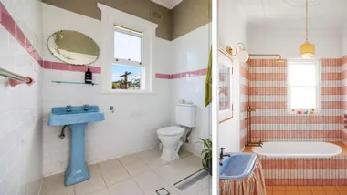 chloe brookman's bathroom renovation before and after pictures with pink tiles and blue pedestal sink