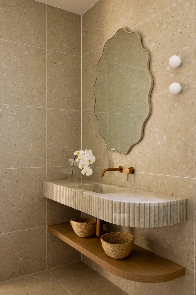 A coastal organic style bathroom in a new build in Brisbane.