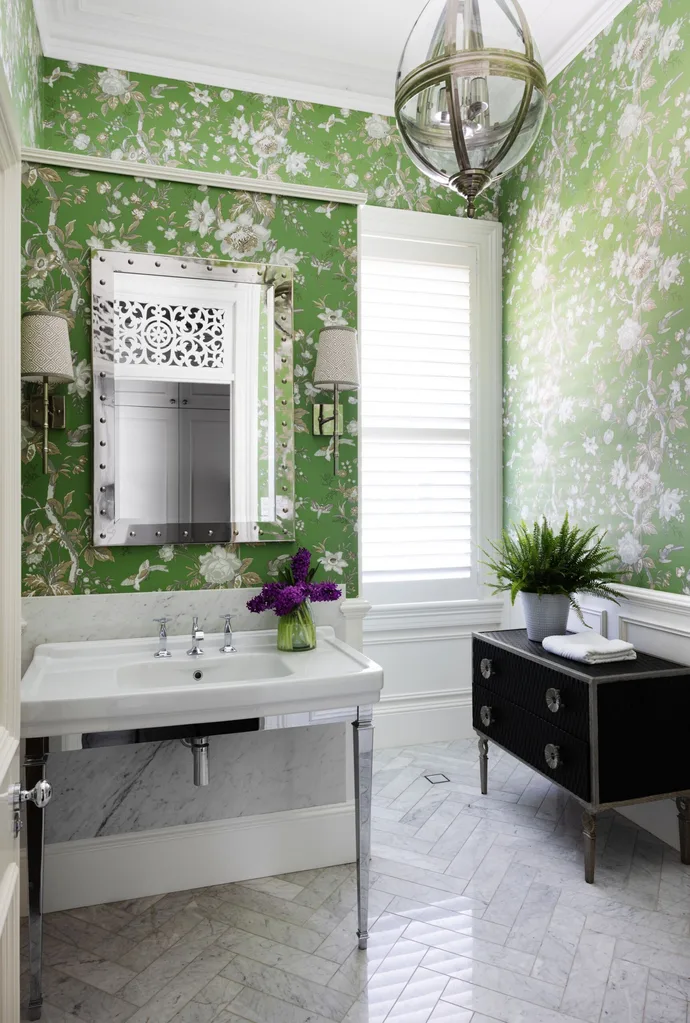 The green bathroom inside a historical Brisbane home.