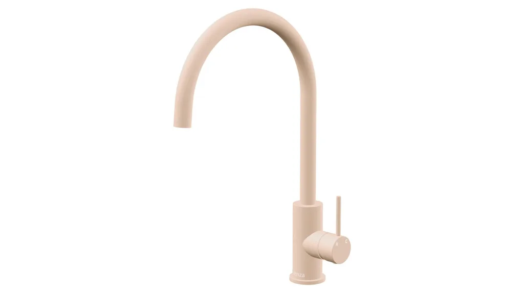 Gooseneck style kitchen mixer tap from Fienza in a matte blossom finish.