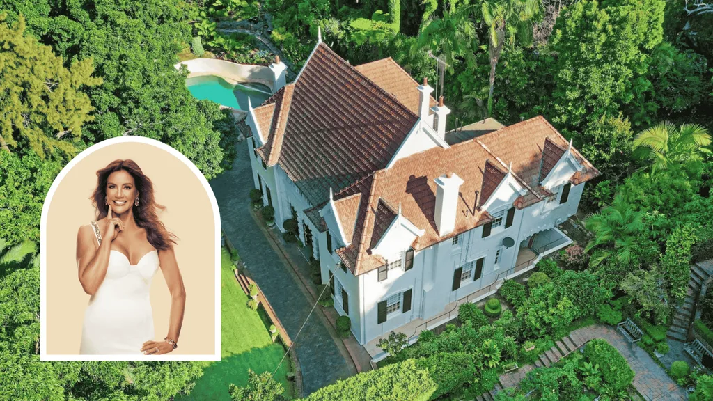 Aerial view of Krissy Marsh's white mansion and gardens