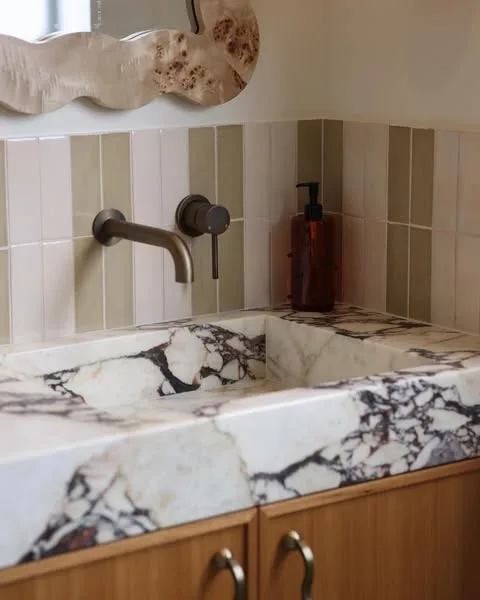 Matty J and Laura Chante Mer House renovation bathroom bench