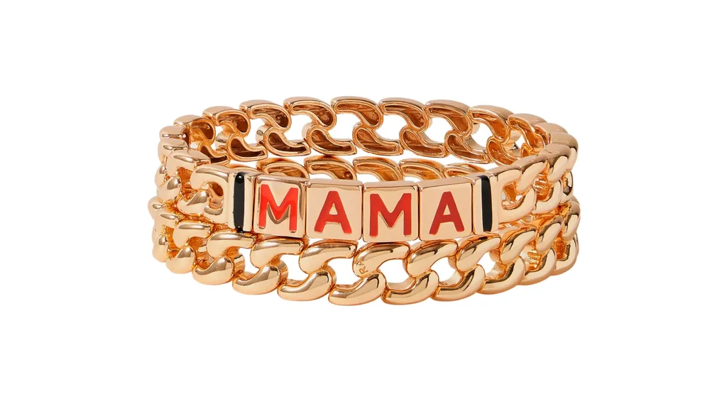 A gold toned enamel bracelet with 'mama' in red block letters, perfect for Mother's Day gifts.