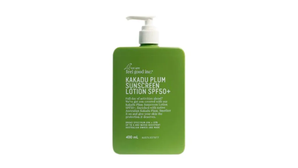 A green pump bottle of sunscreen that is SPF 50+.