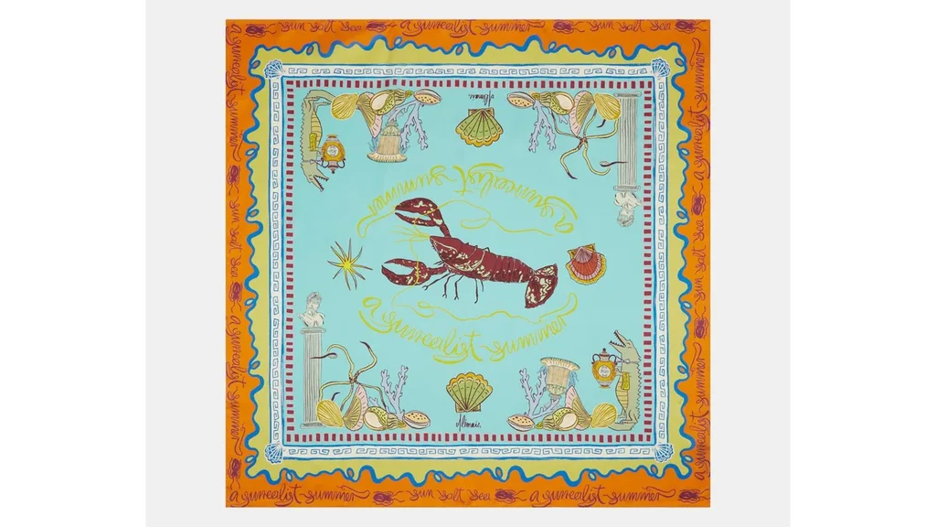 A silk scarf with ancient Greek-style borders and columns. An illustrated lobster is in the middle.