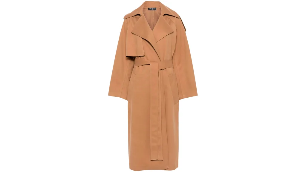 A tan toned trench coat.