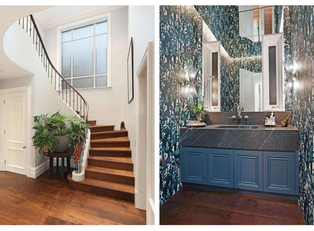 Split-screen image of Nicole O'Neil from Real Housewives of Sydney's staircase and powder room, featuring Hermes wallpaper.