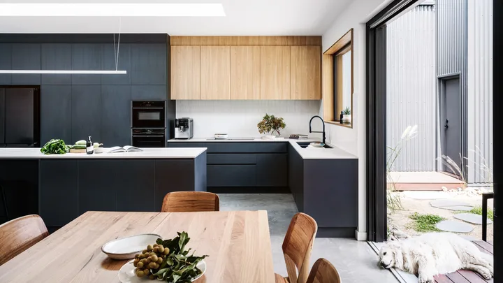 A kitchen in a certified passive house, with a sizable kitchen island and a large window looking out to the backyard. Glossy white tiles form the splashback with joinery made of Laminex products. A dog lays down at the entrance to the yard.